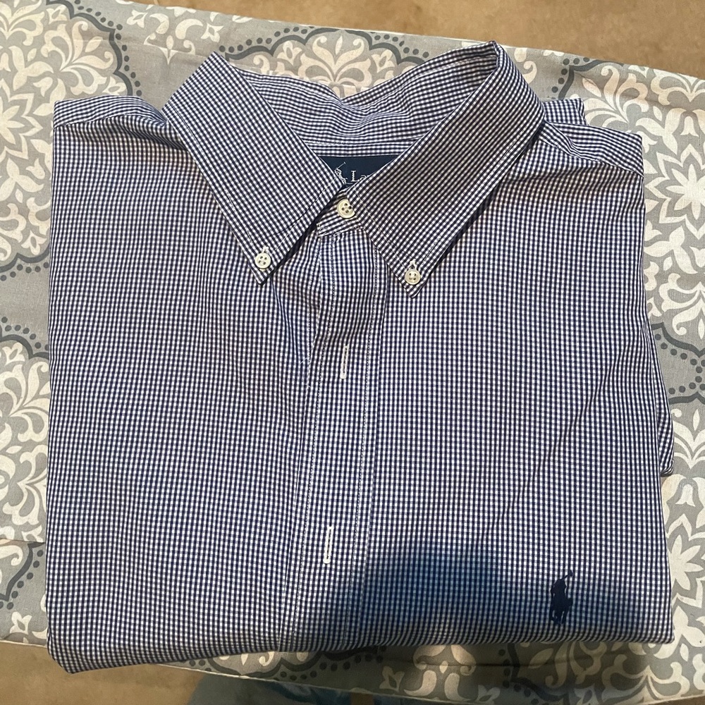 Ralph Lauren Polo blue and white checked button down long sleeve dress shirt.